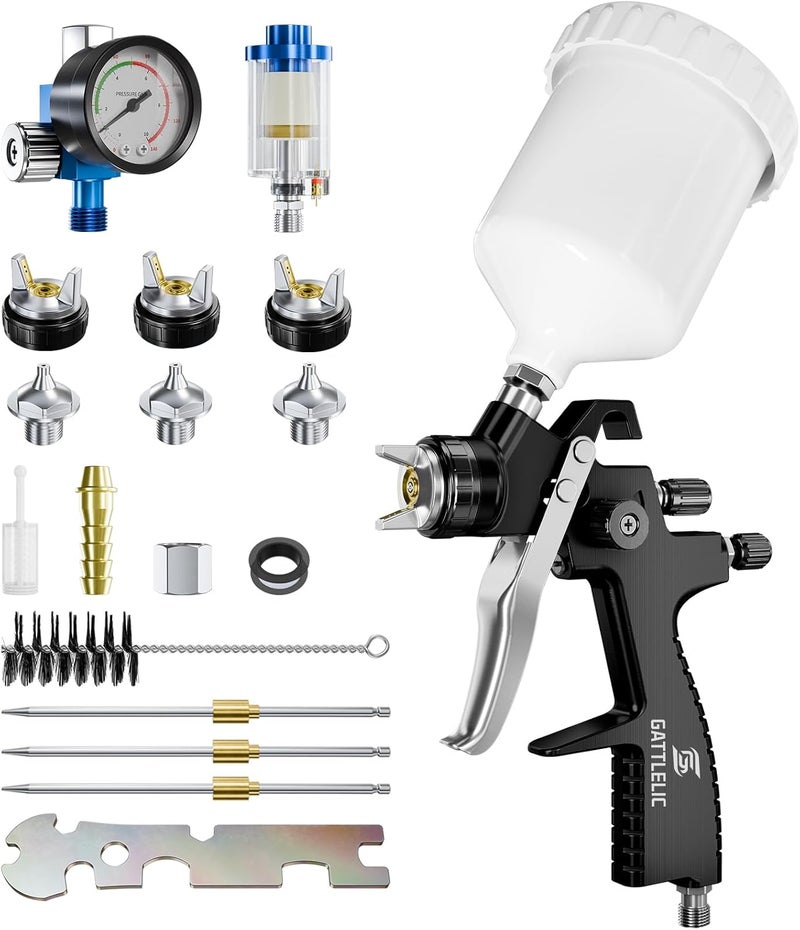 GATTLELIC LVLP Air Spray Gun Premium Kit with 1.3/1.5/1.7mm Nozzle & Air Regulator,Automotive Paint Sprayer, for Cars & House DIY Painting Gun(Black) - Image 1
